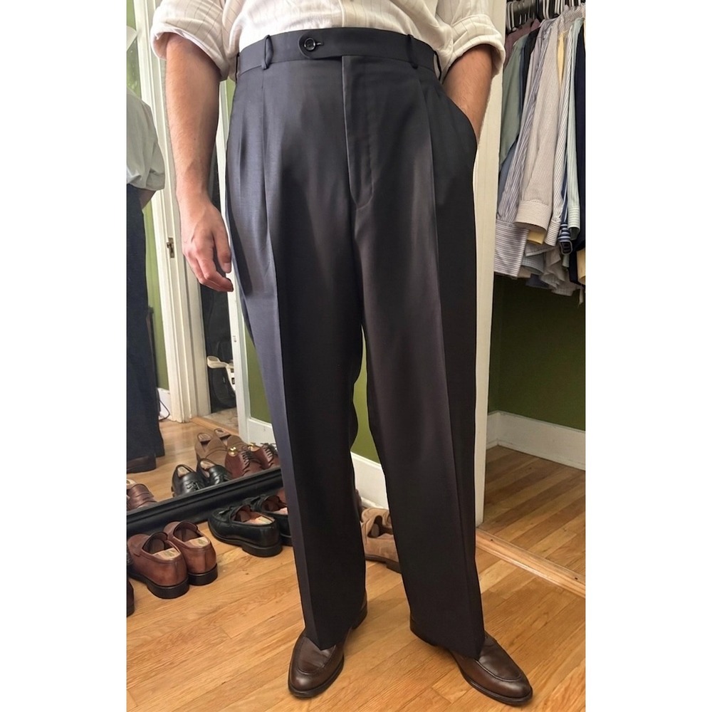Pronto Mondo Pleated Wool Dress Pants 36x30 Navy Wide Leg Trousers